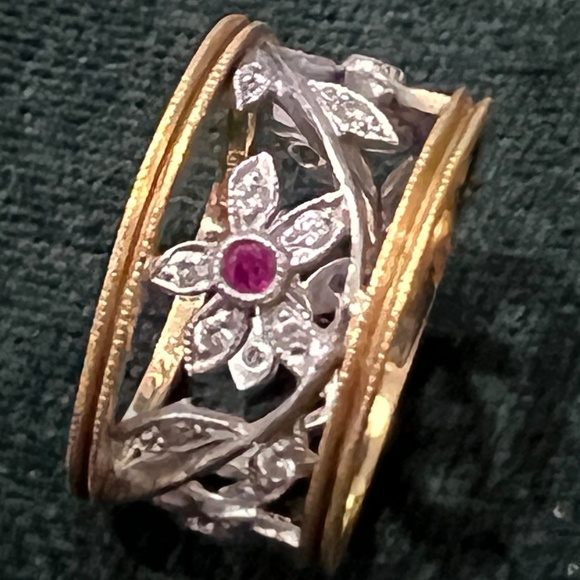 Beautiful Cathy Waterman Platinum and Gold Diamond Ruby Flower Vine Band - Picture 2 of 4